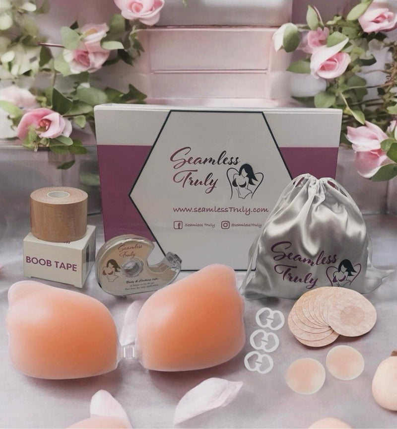 Deluxe Backless Outfit Kit – Sticky Bra, Nipple Covers, Boob Tape, Mini Tape Dispenser, Disposable Pasties & Satin Pouch | Bridal Gift Set